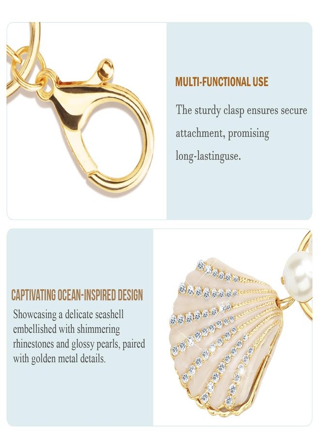 ABLY Shell Shaped Pearl Rhinestone Keychain Pendant for Women, Handbag Keychain and Wallet Accessory, Perfect for Car Keys, Wallets, Handbags and Backpacks Decoration,Champagne Gold - Image 3